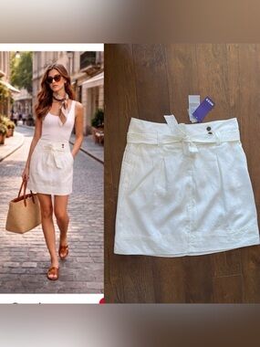 European Summer Linen Cotton Belted Nautical Skirt. Pockets. Size 12. White. NWT